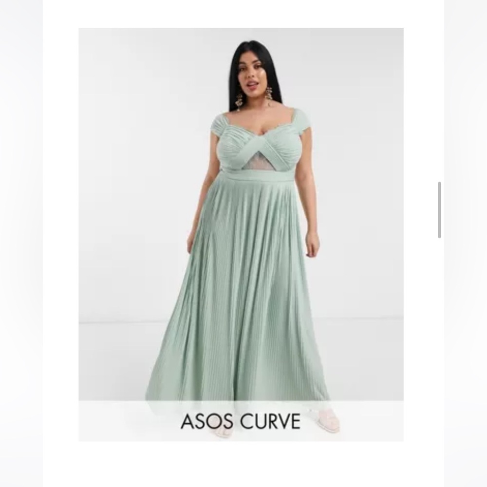 ASOS DESIGN CURVE PREMIUM LACE AND PLEAT BARDOT MAXI DRESS - SAGE GREEN